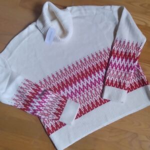 NWT Banana Republic Red and Pink Cropped Fairisle Turtleneck Sweater Small‎